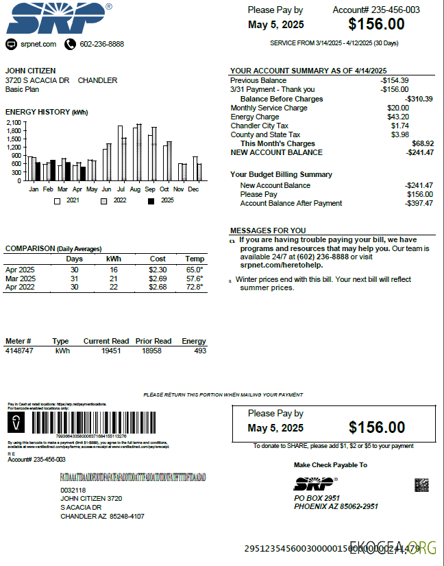 USA SRP utility bill template in Word and PDF formats